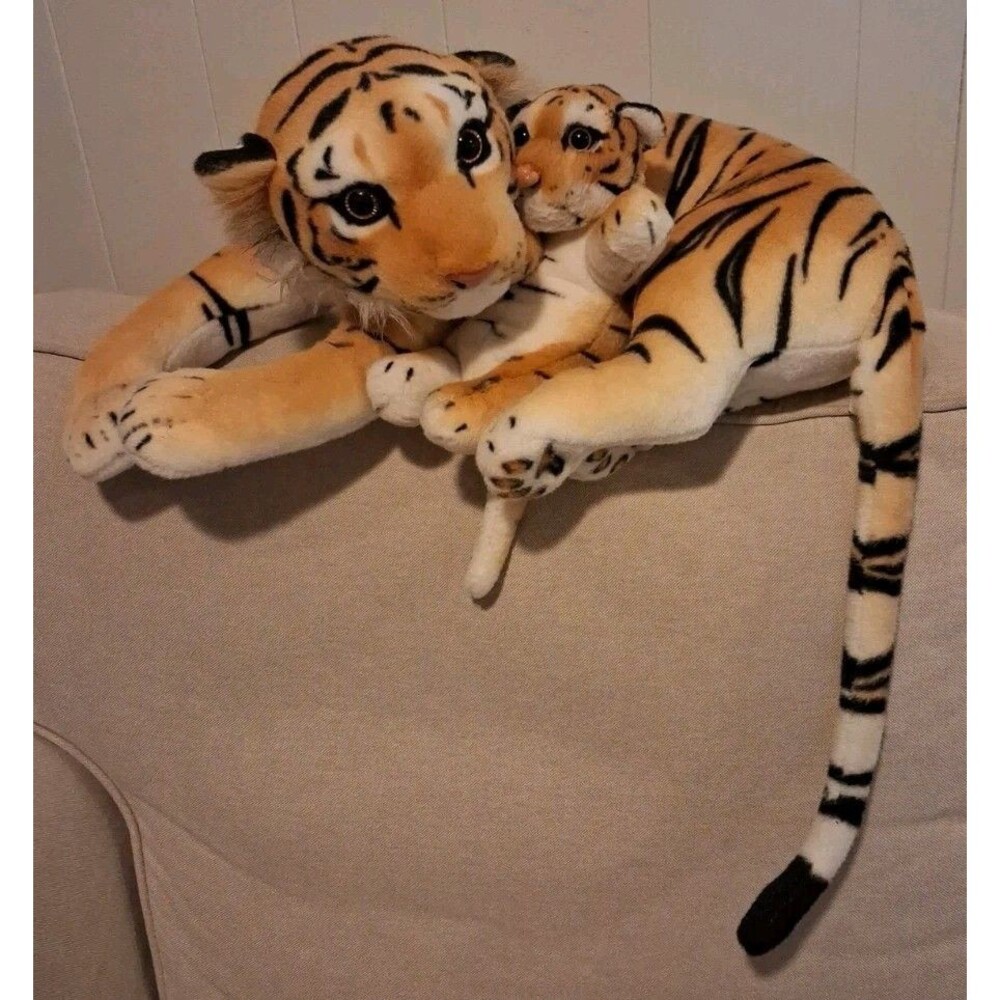 Realistic Bengal Tiger & Baby Cub 18” Plush Stuffed Animal Orange White Big Cat